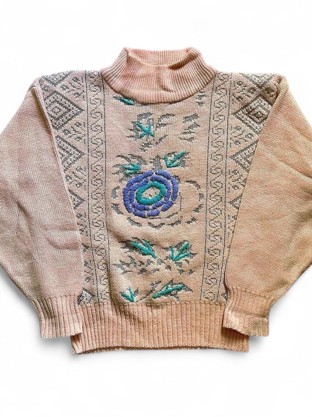 Vintage 1980s Women's Pink Floral knit Turtleneck Sweater M
